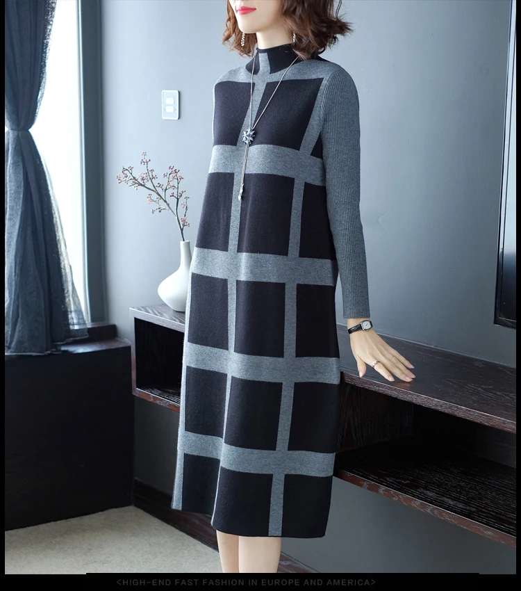 En Ligne 2019 automne et hiver mode plaid lâche tricot robe épaississement bottoming pull