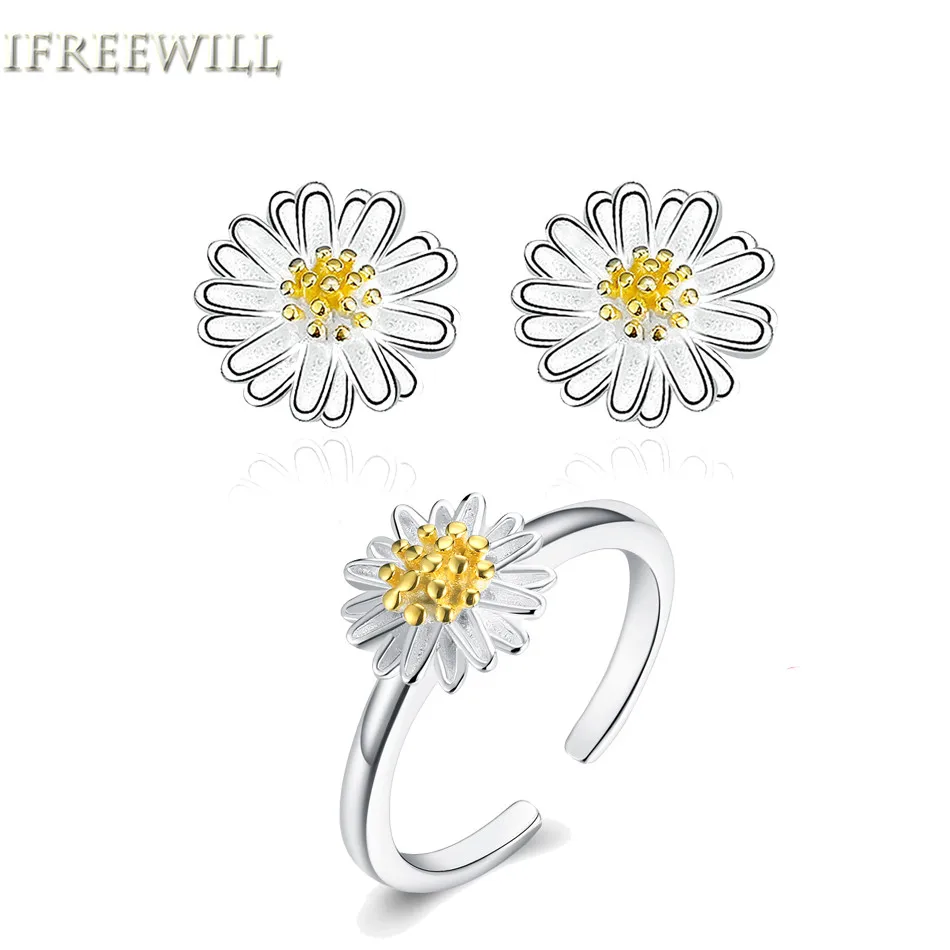 

925 Silver Jewelry set for woman fashion Small yellow flower series fine earrings and rings