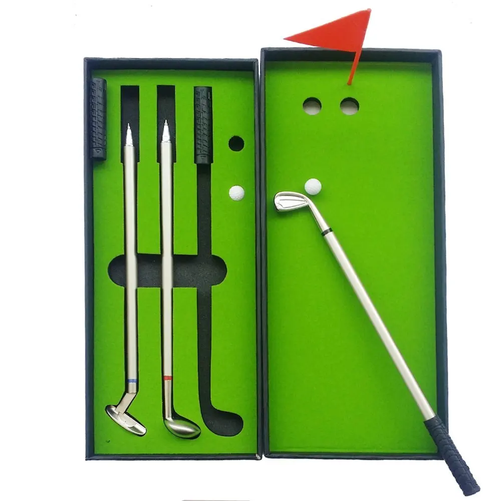 Novelty Golf Gifts sets with 3pcs Golf Club Shaped Alloy Ballpoint Pens