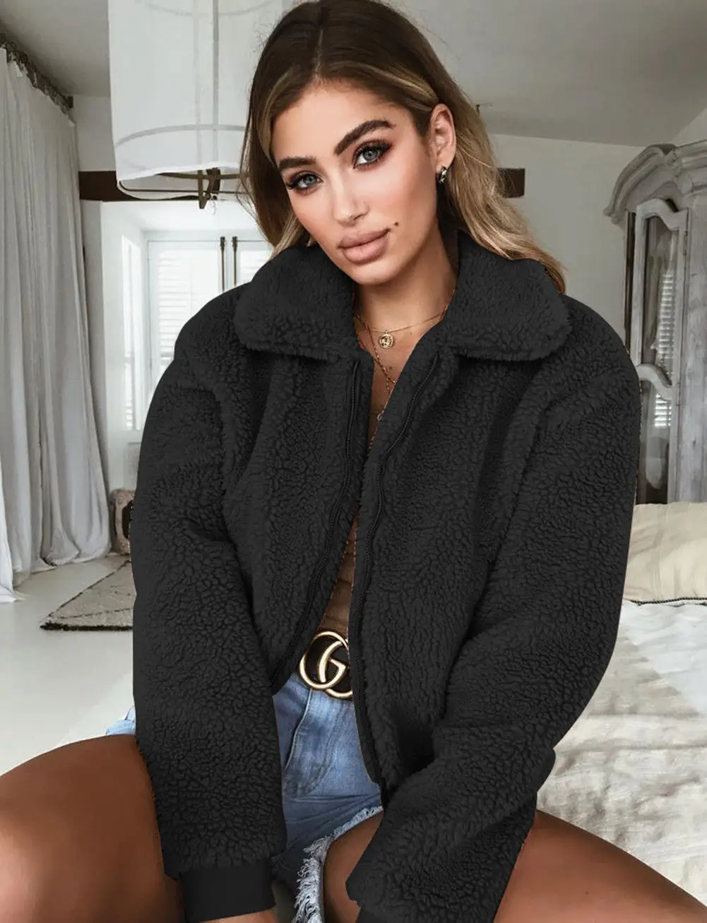 

MeiHuiDa 2018 New Style Fashion Women Winter Fluffy Long Sleeve Jacket Ladies Warm Outerwear Cardigan Coat