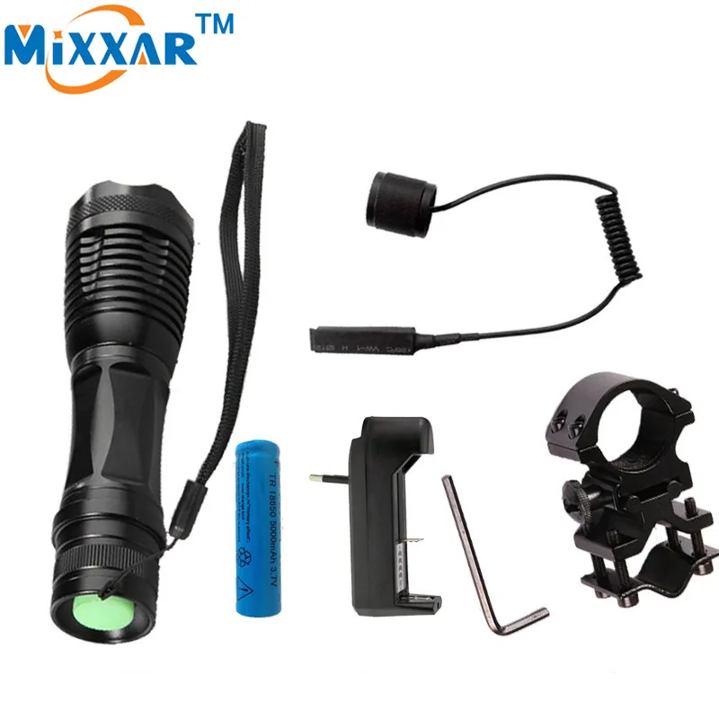 

zk20 T6 led tactical Dropshipping flashlight zoomable torch for Hunting lantern+ 1*18650 battery+Remote Switch+Charger+Gun Mount
