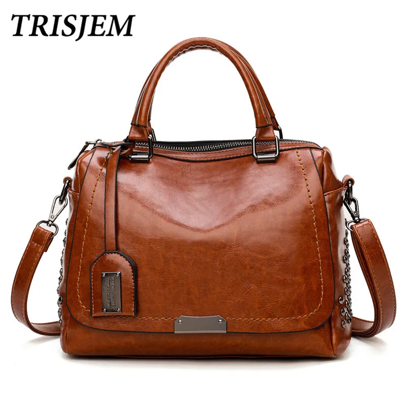Vintage Rivet Women Leather Handbags Sepuined Luxury Brand Bags Brown Sac a Main Femme De Marque
