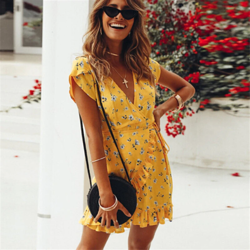Women Floral V-Neck Ruffles Print Dress 
