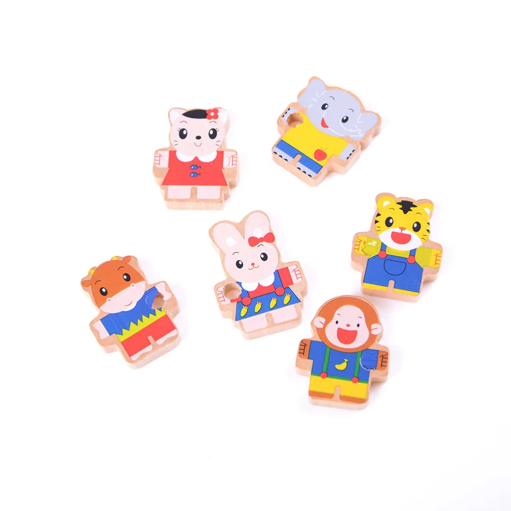 Wooden toys 6 Cartoon Animals Wooden Threading Beads Game Education Toy ZY 
