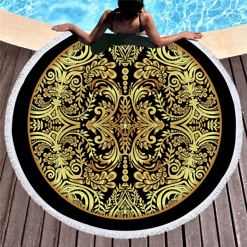 

Microfiber Black Beach Towel Round 150cm Printed Gold Tapestry Blue Soft Bath Towel for Adult Picnic Yoga Mat Home Decor Blanket