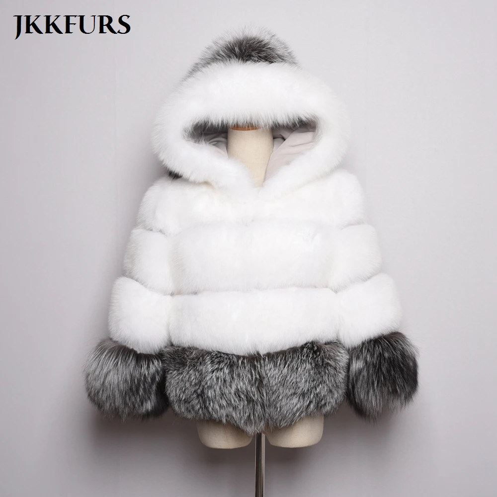 

Women's Real Fox Fur Coats Hood Pocket Mixed Multiple Color Silver Fox Fur Winter Thick Warm Fashion Genuine Fur Jacket S7361