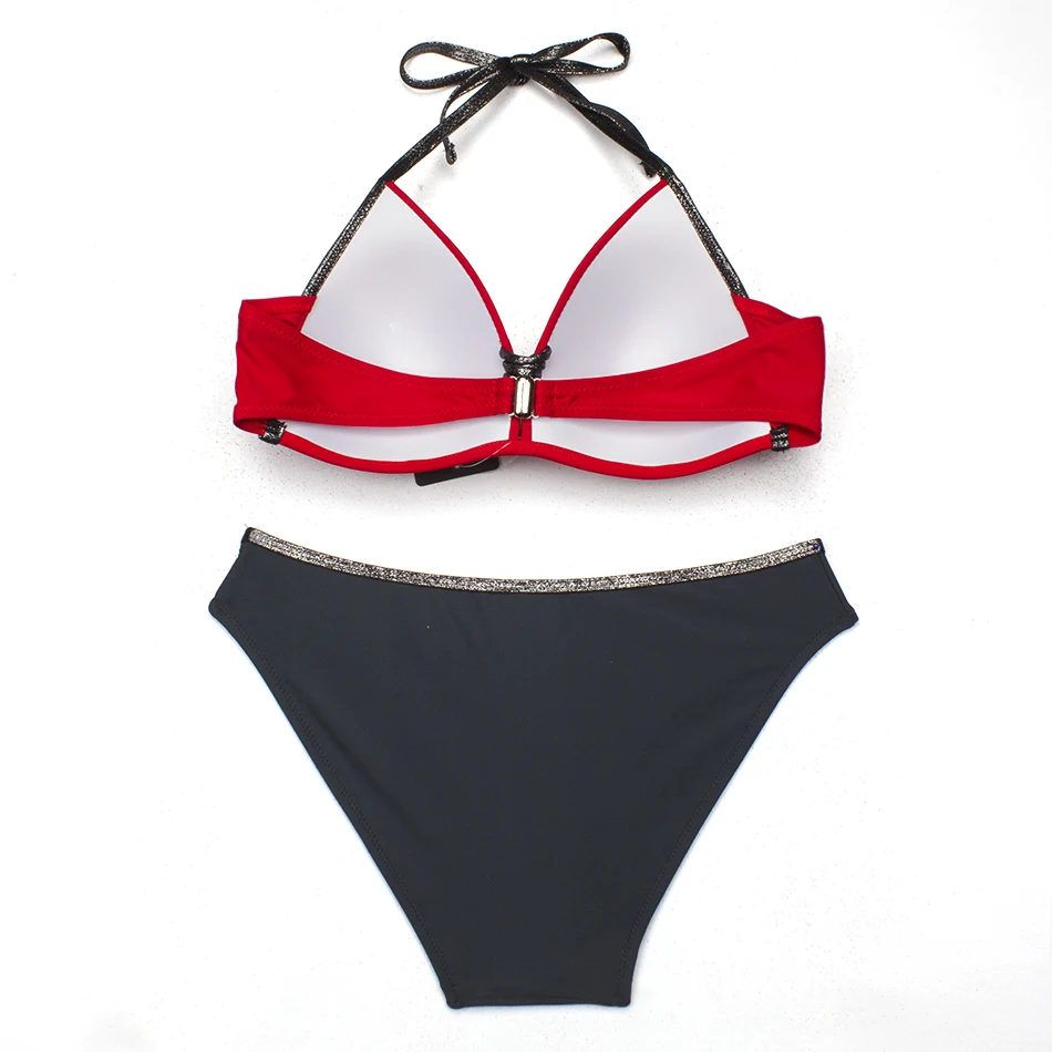 ESSV Red Patchwork Bikini Set Women Push Up Swimsuit Padded Swimwear Halter Summer Swimming Suit Bather Beachwear Biquini XXL
