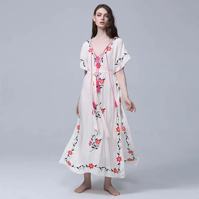 The picture color Новая сексуальная женская одежда Тур богемное Цветочная вышивка кимоно платье пляжный отдых Защита от Солнца блузка - Цвет: The picture color