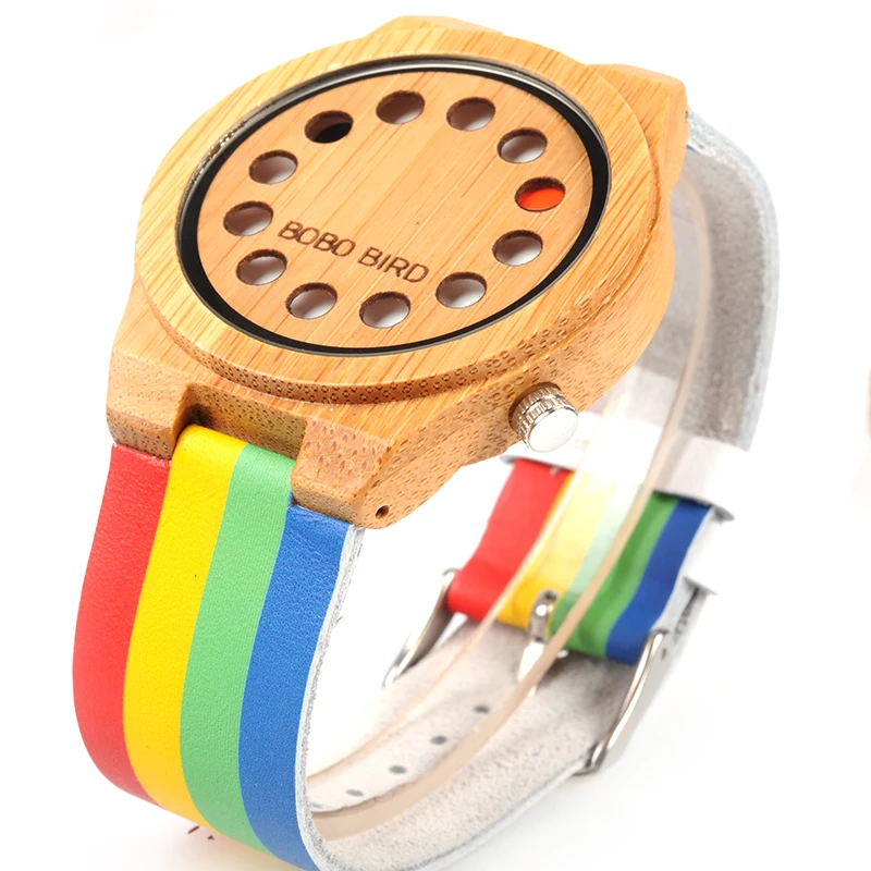 BOBO BIRD Bamboo Men Women Watch Colorful Leather Band 12 Holes Dial Face Classic Wood Watches for Men Women Accept Logo W-A01