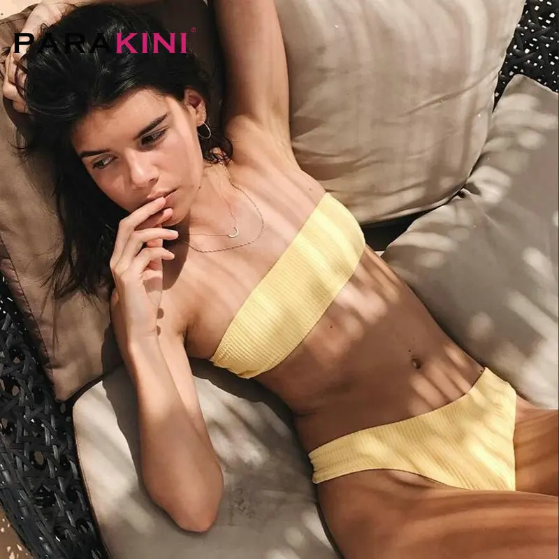 Цвет: желтый PARAKINI Woman 2PC Swimwear Bikini Suit Stripe Push-Up Padded Bathing Beachwear bikinis mujer bathing suit women biquini - Цвет: Цвет: желтый