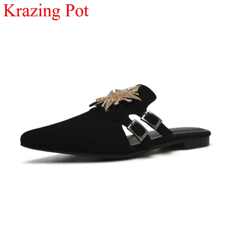 

2019 Large Size Slip on Sheep Suede Pointed Toe Concise Metal Fastener Crystal Slingback Office Lady Outside Women Slippers L3f1