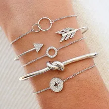 5 adet/takım Bohemian ok kristal pusula yuvarlak dokuma geometrik zincir ayarlanabilir katmanlı bilezik seti kadın Charm takı