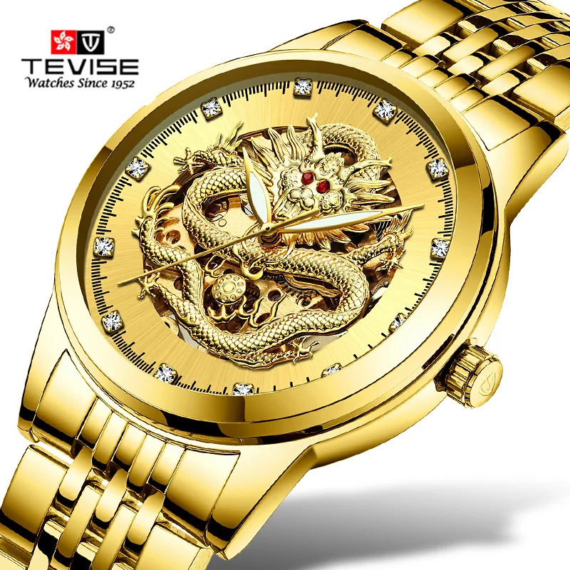 

Men Watches Top Brand Tevise Business Gold Dragon Sculpture Mechanical Watch Women Steel Waterproof Wristwatch Relogio masculino