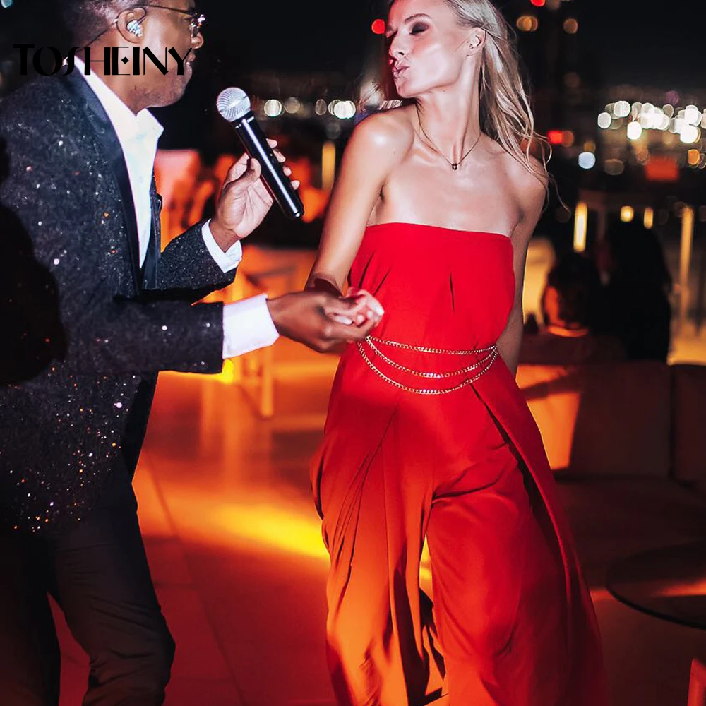 Tosheiny 2019 kobiety nowy lato Sexy Slash Neck Off Shoulder Backless pajacyki elegancki jednolity kolor kombinezon TH0072 -