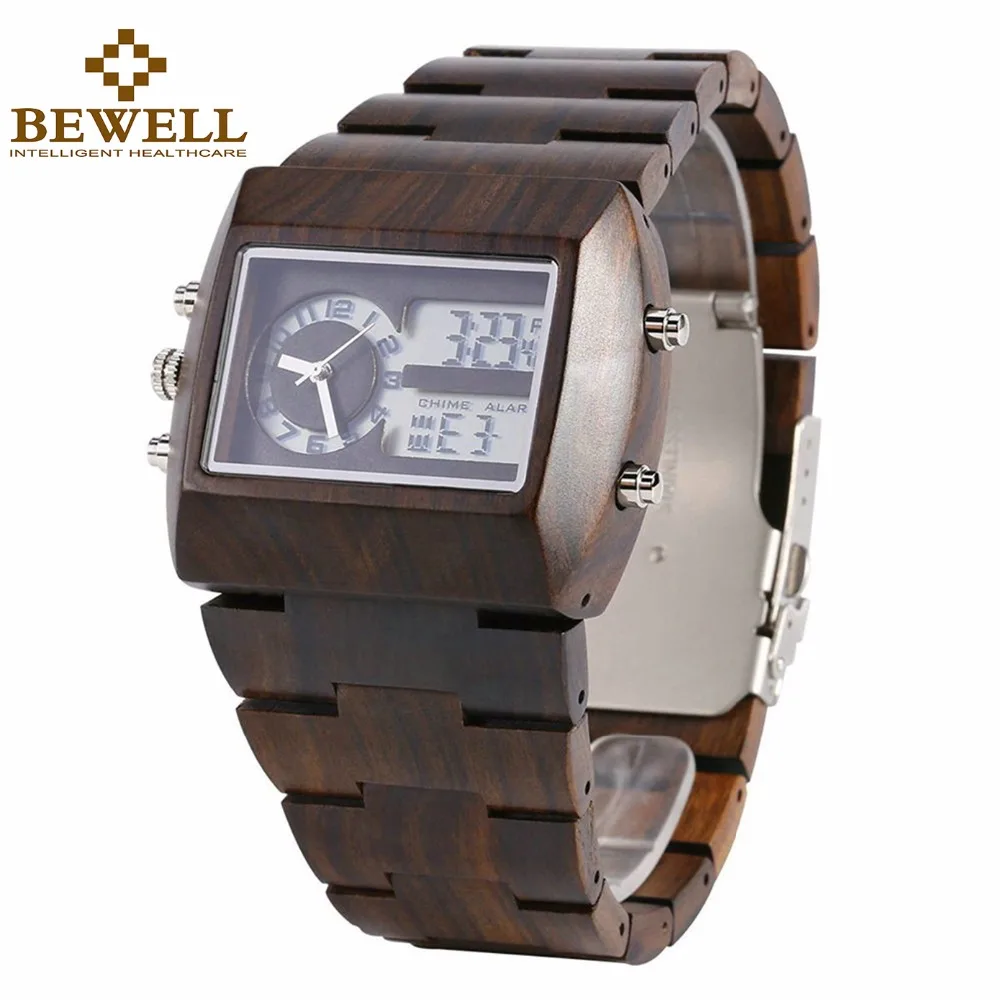BEWELL Multifunctional Wooden Watches Men Dual Time Zone Digital