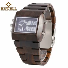 BEWELL Multifunctional Wooden Watches Men Dual Time Zone Digital Wristwatch LED Rectangle Dial Alarm Clock with Watch Box 021A