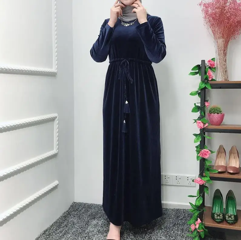 Dark blue dress Бархатная абайя Femme кафтан халат Дубай мусульманский хиджаб платье Турция Абая для женщин Кафтан Marocain Elbise Рамадан Исламская одежда - Цвет: Dark blue dress