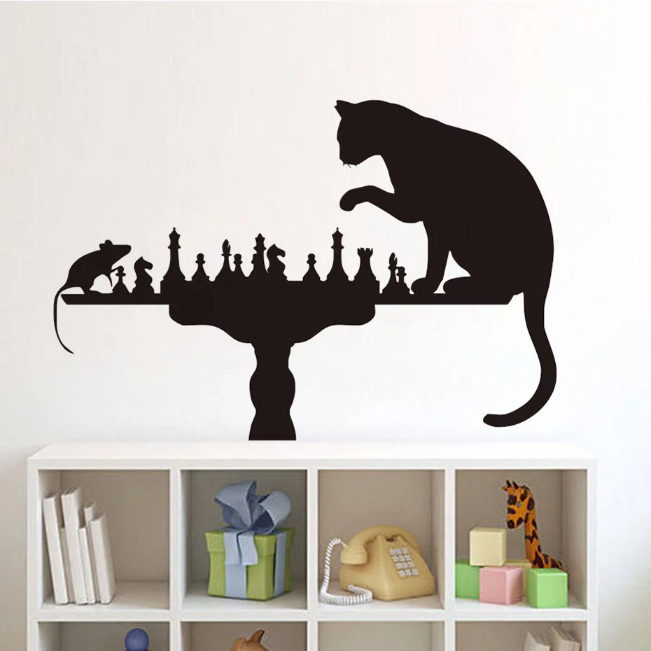 

Cat Playing Chess With Mouse Wall Stickers For Living Room Vinyl Creative Removable Adhesive Wall Decals Wallpaper Home Decor