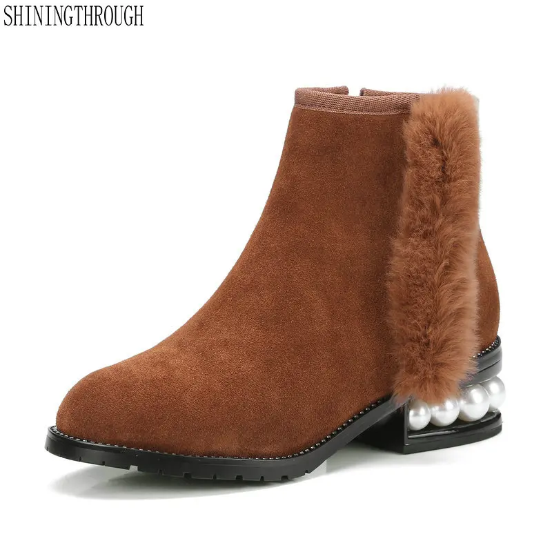 

2018 New suede leather peal square heels women boots fashion ladies dress shoes autumn winter mather boots black red brown