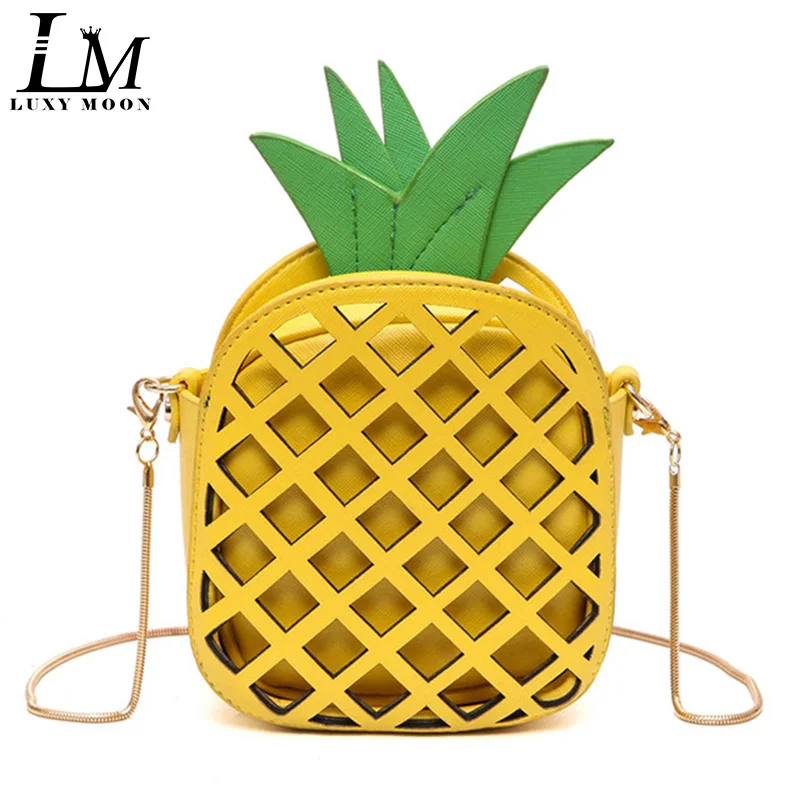 

Cute Pineapple Bag Fruit Design Women Messenger Bags Hollow Out Yellow PU Leather Crossbody Bag Girls Funny Summer Mini Flap Bag