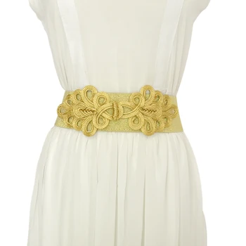 

Ladies New Elastic Gold Silver belt Band Stretch Flower Decorative Wide Leather Belts For Women High Quality Fashion 2019 Bg-924