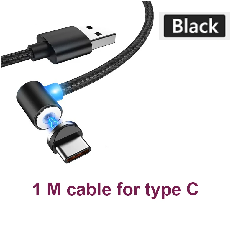 Магнитный светодиодный usb кабель для зарядки iPhone Lightning type-c Магнит Micro usb зарядное устройство нейлоновый материал для samsung Xiaomi huawei - Цвет: 1M Black for type C