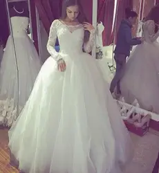 Халат де mariage Новый Элегантный Свадебное Платье 2017 Совок Шеи Длинные Рукава Часовня Поезд Аппликации Тюль Бальное платье Невесты Платья