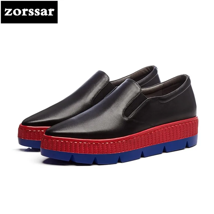 

{Zorssar} 2018 New Genuine Leather Flats platform Women shoes Pointed toe Casual Female Loafers women sneakers shoes