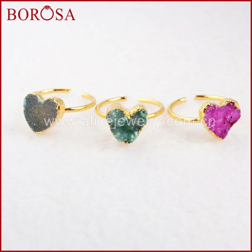 BOROSA 10 шт. Самоцветы кольцо, золото Цвет Природный Радуга Сердце Druzy Кристалл Регулируемые костяшки кольца для Для женщин G0600