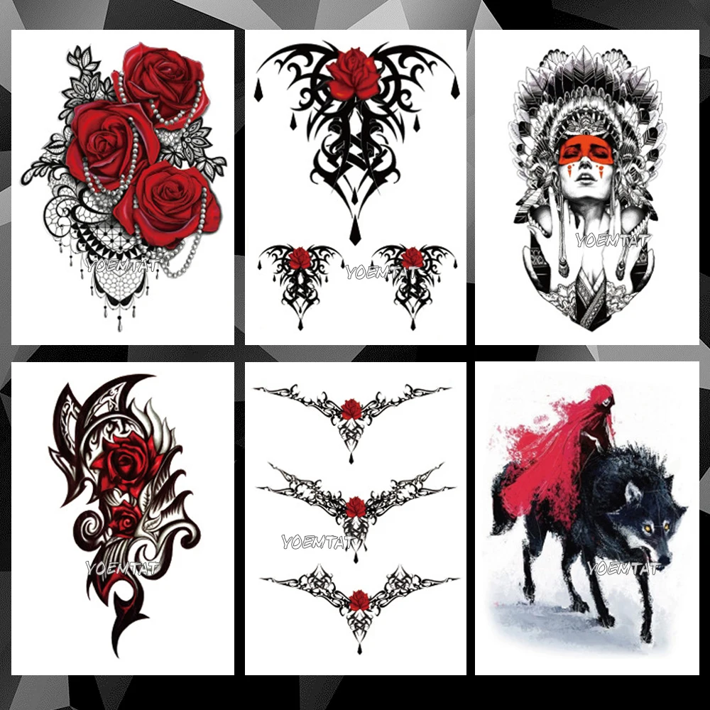 

Waterproof Temporary Tattoo Sticker Red rose totem tatoo Water Transfer cool shaman body art fake arm tattoo For Women Man