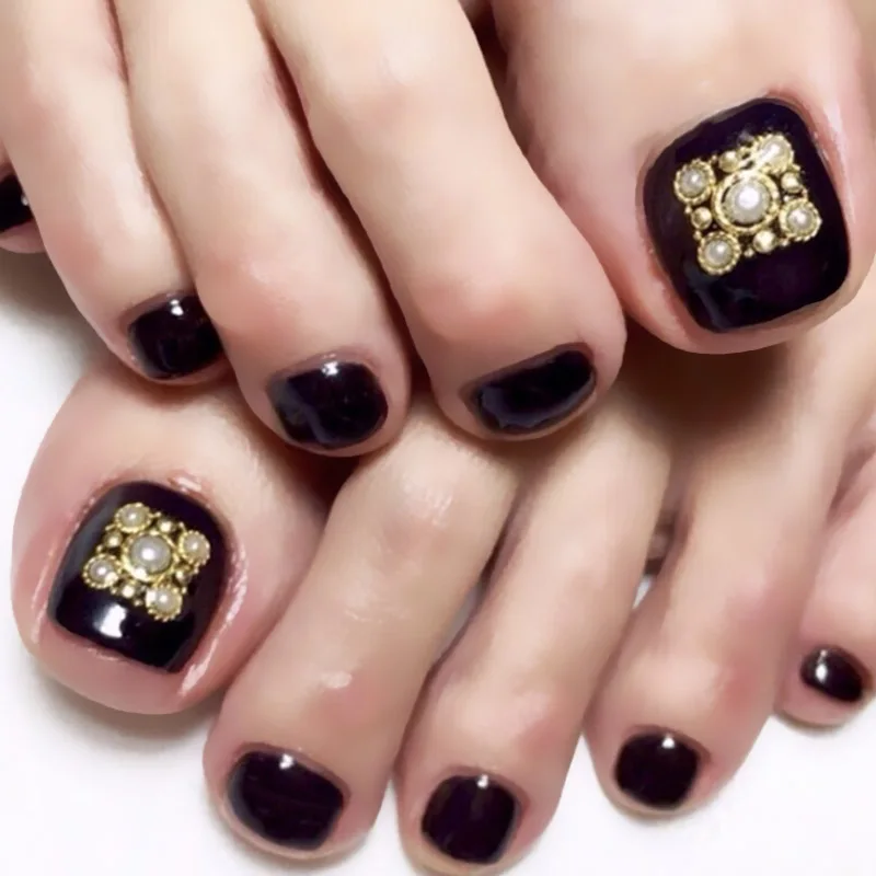 Retro Shiny Simulation Pearl Black Fake Tips Foot Manicure Tool 24PCS Short Full Cover Toenail Patches Press On Nail With Glue