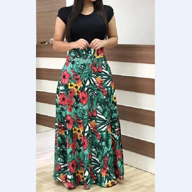 Для женщин Лето Boho Повседневное длиной макси Вечерние Платье Дамы Цветочный свободные с круглым вырезом Рубашка с короткими рукавами платья мягкий Сарафан - Цвет: E