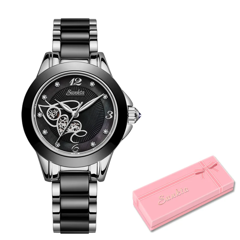 Diamond Surface Ceramic Strap Watch SUNKTA Fashion Waterproof Women Watches Top Brand Luxury Quartz Watch Women Relogio Feminino - Цвет: Silver black