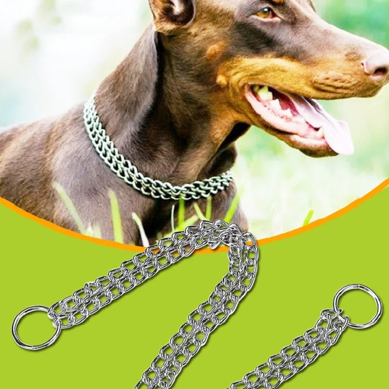 Bright silver Double Chain Dog Collar Lead Durable Outdoor Pet Dog
