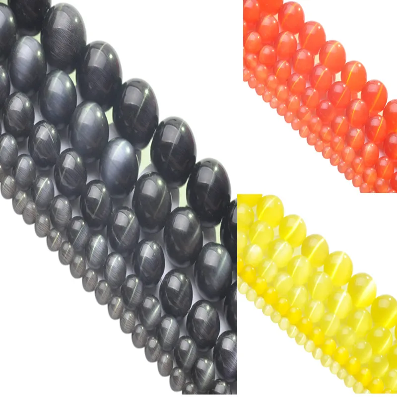 

New LNRRABC AA+ Quality 4/6/8/10/12mm Round String Opal Loose Spacer Bead Stone Cat Eye Beads 16" Black/Orange Red/Yellow