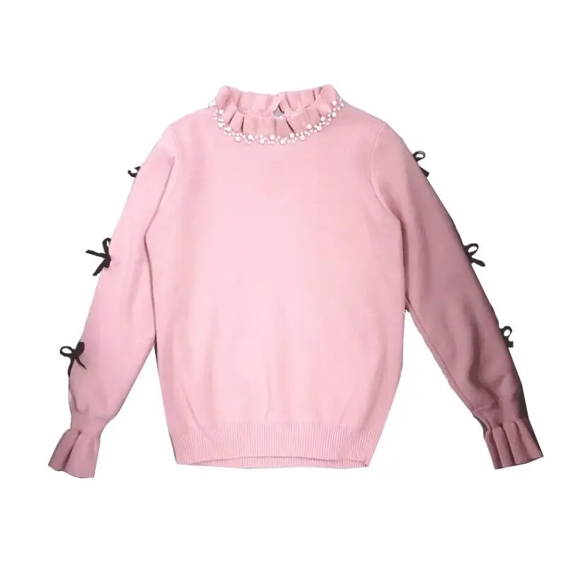 Japanese style sweet cute women off shoulder sweater slash V neck knitted ruffle sweaters pullovers high waisted ladies jumpers