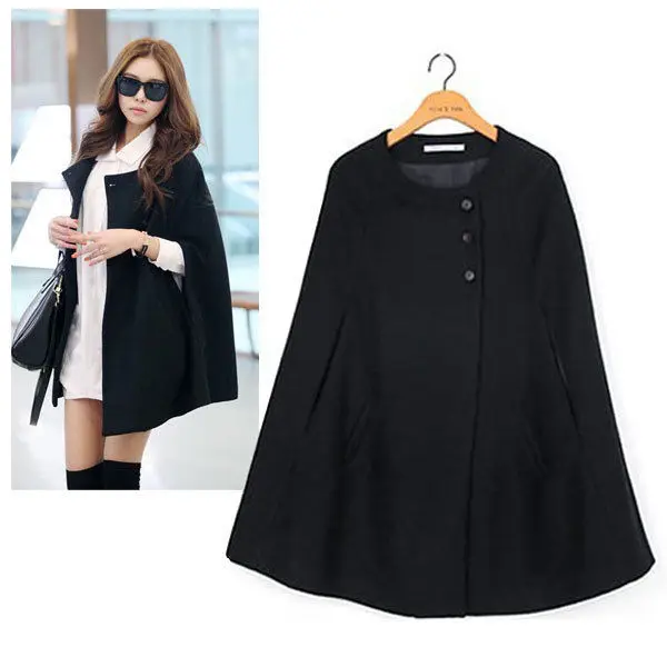 Casual Womens Cape Black Batwing Wool Poncho Jacket Lady