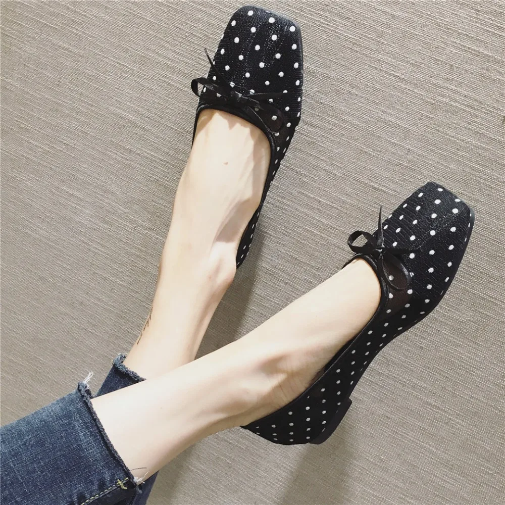 

comfortable soft new flat ballet Lace spring Shallow 2019 Ballet Flats Rubber Slip-On women Lace-Up PU summer fashion Square
