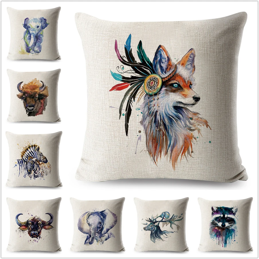 

Watercolor Fox Elephant Cushion Cover Linen Decorative Cartoon Animals Pillowcase for Sofa Home Colorful Deer Throw Pillow case