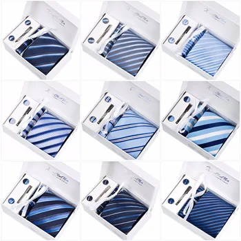 

2019 New Arrivals High Quality 8CM Ties Set for Men Cufflink Pocket Square Tie Clips Handkerchief Mens Striped Wedding Necktie