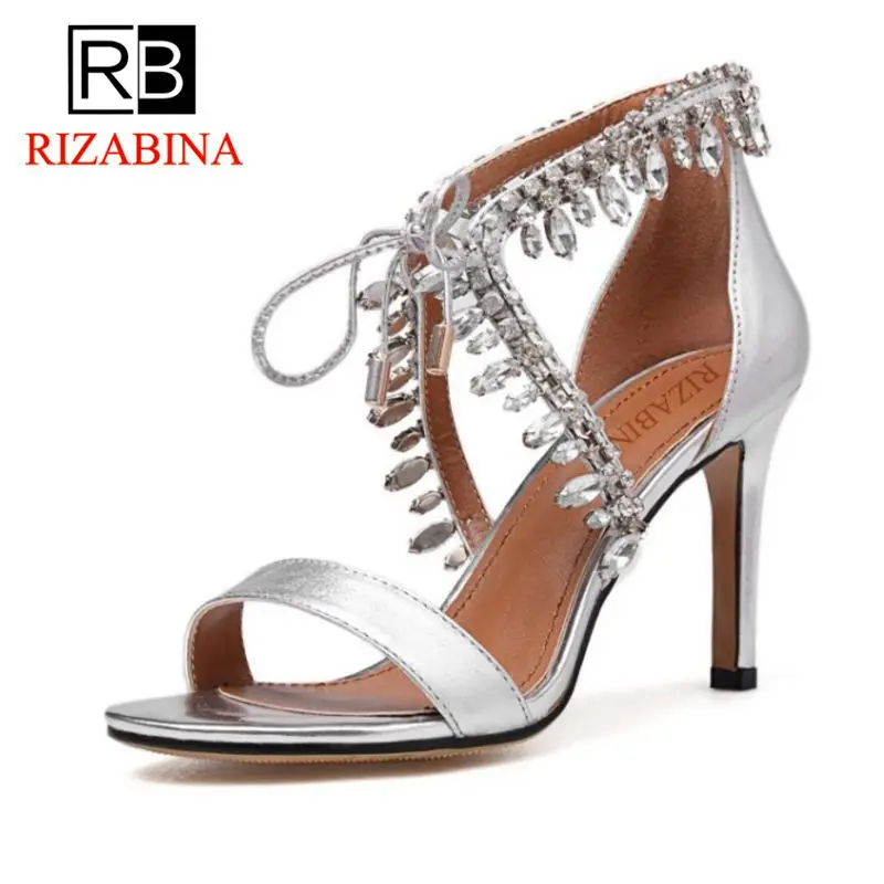 

RizaBina Women High Heel Sandals Genuine Leather Thin Heels Crystal Lace Up Sandals Woman Sexy Shoes Party Footwear Size 34-39