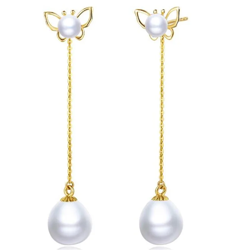 18K Yellow Gold Cute Butterfly Earrings Natural Cultured Freshwater Pearl Water Drop Earrings White Pearl Dangle Earring 18K Yellow Gold Cute Butterfly Earrings Natural Cultured Freshwater Pearl Water Drop Earrings White Pearl Dangle Earring