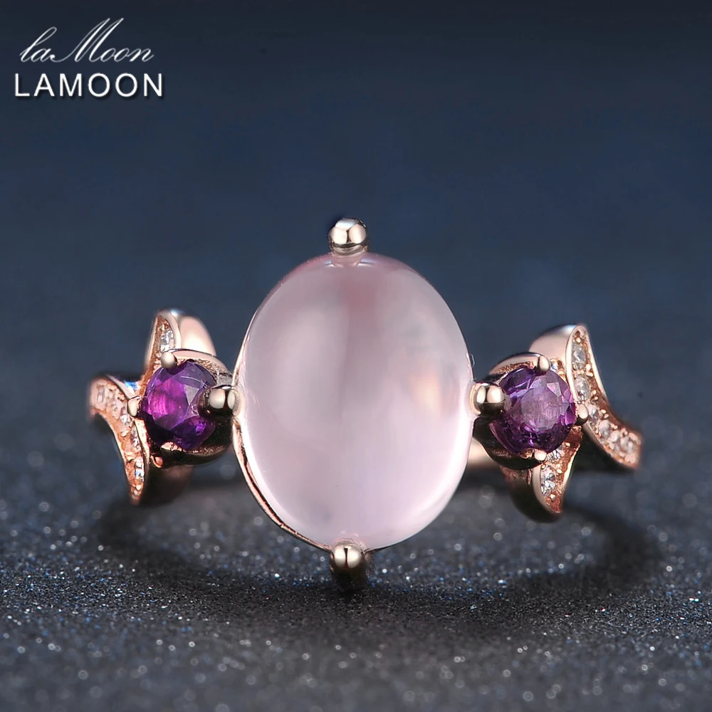 LAMOON Princess Pink Rings For Women 8x10mm 100% Natural Oval Rose Quartz Gemstone 925 Sterling Silver Fine Jewelry RI017