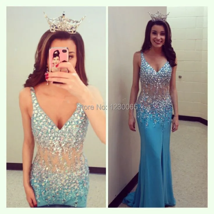 

Hot&Sexy V neck Mermaid Party Elegant Sexy Backless Evening Dress Crystal Rhinestones Blue Floor Length Gown long Prom Dresses