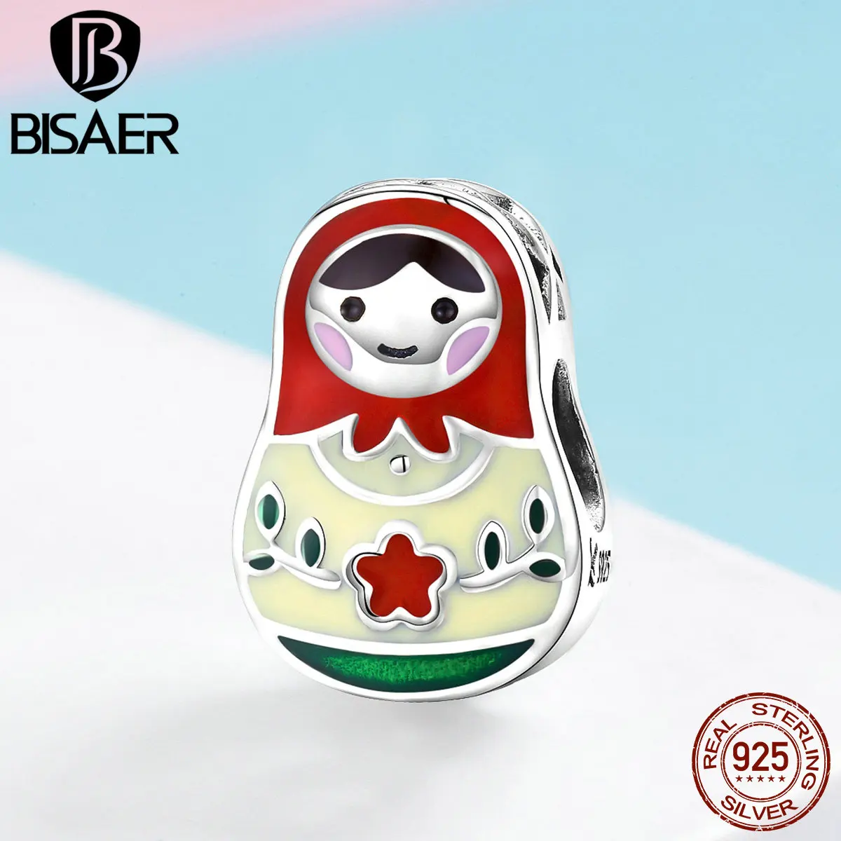 

BISAER 925 Sterling Silver Design Russia Matryoshka Dolls Enamel Charm for Women Jewelry Making Ethnic Memory Girl Gifts GXC1086