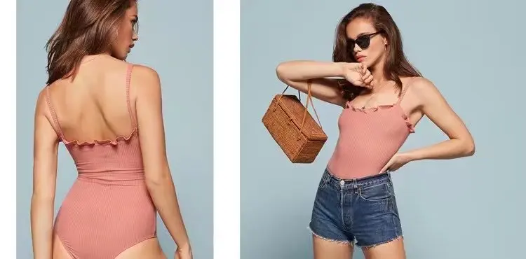 yellow bodysuit Women Ruffle Detail Rib Cami Bodysuit black corset bodysuit