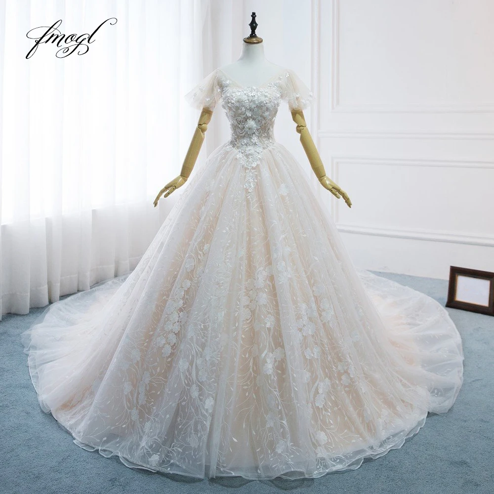 Ангел мечты короткий рукав кружево бальное платье Свадебные платья 2019 аппликации цветной бисер Часовня Поезд невесты Gwon Vestido De Noiva