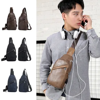 

Men's Shoulder Bag Sling Chest Pack PU USB Charging Sports Messenger Handbag