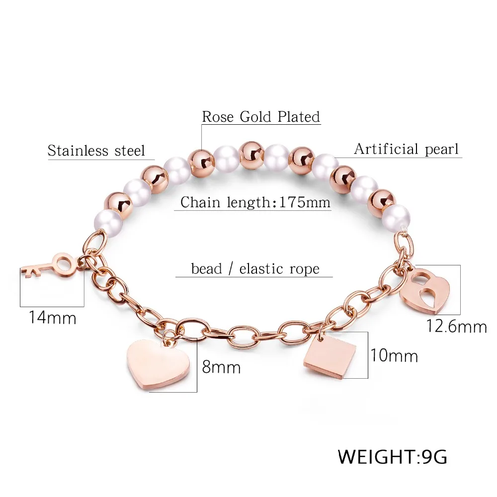 

2019 New Fashion Rose Gold/White Stainless Steel Bangle Key/Lock/Heart/Square Shapes Charm Bracelets For Women Gift SL100