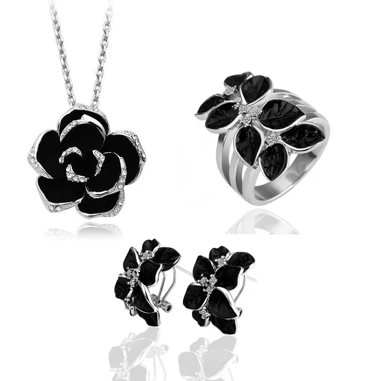 Fashion Women Jewelry Sets Camellia Design Pendant Gold-color Black Painting Rose Flower Necklace Earrings Ring